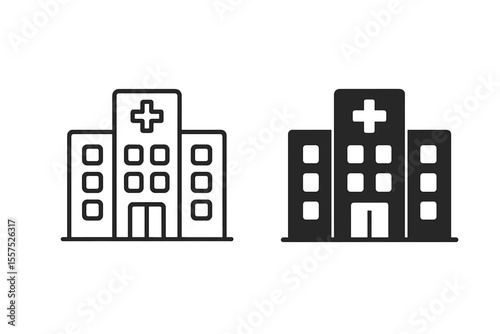 Icon for a hospital building, available in both line and glyph versions, including outline and filled vector signs, representing a clinic with a medical cross in linear and full pictogram styles, as