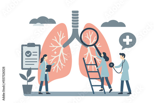Pulmonology is depicted in a vector illustration featuring flat tiny lungs and healthcare persons