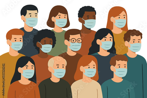A crowd of individuals donning medical masks to shield themselves from pandemic outbreaks and viral infections, including coronavirus, highlighting the importance of vaccination and antivirus