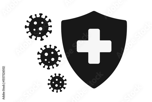 The concept of the immune system is represented by a hygienic medical black shield that protects against the coronavirus COVID-19 icon, symbolizing human immunity and defense against the corona virus