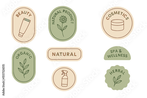 A collection of refined badges and stickers tailored for beauty, natural, and organic products, as well as cosmetics, spa, and wellness, is available, comprising vector illustrations suitable for