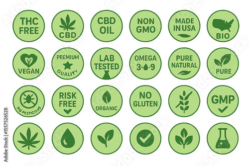 A collection of 25 circular icons representing CBD oil, featuring THC-free, non-GMO, and USA-made products that are bio, 100% vegan, premium quality, lab tested, and rich in omega 3-6-with pure