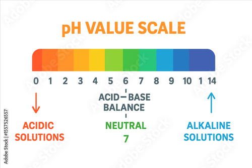 Chart illustrating pH value scale for acidic and alkaline solutions and acid-base balance in infographic form
