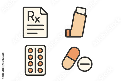 A collection of vector line icons for medical drugs is provided, including symbols for prescription, inhaler, and pill, with editable stroke and 48x48 pixel perfect resolution