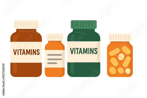 Vector set of flat medicine bottles, including a vitamin bottle with a prescription label and a container for drug pills or vitamins and minerals