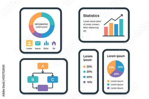 Modern infographic featuring various mobile screens with distinct UI, UX, and GUI, accompanied by a diagram template, chart graph, and flat web icons for mobile apps and responsive websites