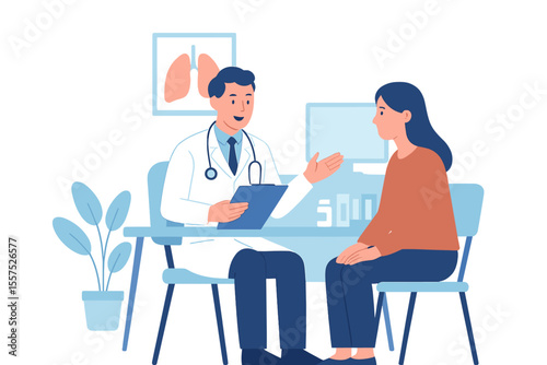 A doctor and patient are shown in a hospital medical office, representing a medicine concept, with consultation and diagnosis, in a vector illustration flat style