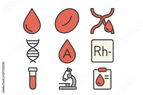 The Blood Vector Line Icons Set includes symbols for hematology, blood cells, vessels, DNA, blood groups, RH factor, and blood tests in a 48x48 pixel perfect format with editable strokes