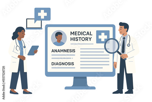 A set of medicine illustrations is available, depicting doctors utilizing online healthcare services to review patient medical histories and anamneses for diagnostic purposes, embodying the