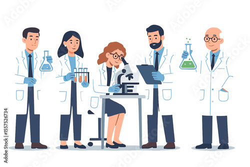 Scientists are portrayed as characters in a hospital laboratory setting where doctors conduct biological research using clinical lab equipment