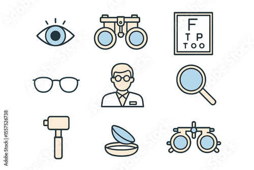 A collection of optometrist symbols is presented in a thin linear style as part of an icon pack, created as a vector illustration