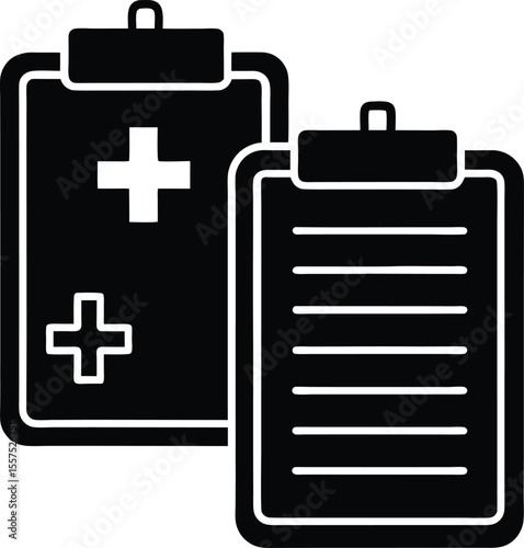 Two medical clipboards one with a prominent white cross symbol and another with horizontal lines representing text symbolizing healthcare records and patient information