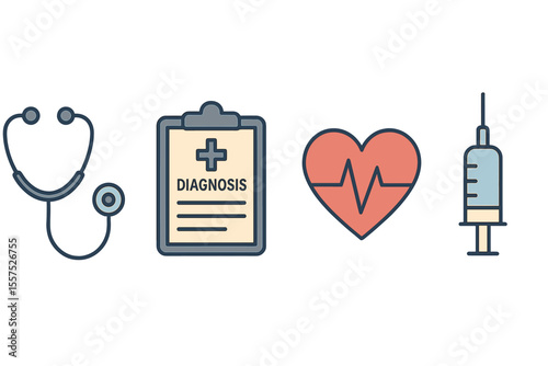 A medical process banner features a stethoscope, diagnose report, heartbeat pulse, and medicine injection in an outline design