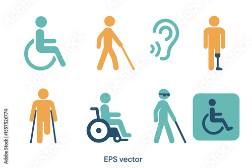 Collection of icons representing disability, including infographics elements, accessibility symbols, and illustrations of physically disabled individuals in eps vector format