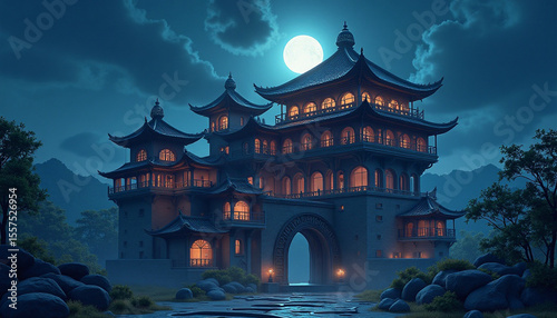 Illuminated Asian Grand Palace Under Full Moon at Night with Reflecting Water and Cloudy Sky