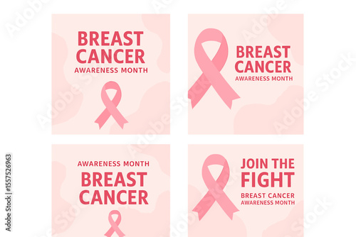 Collection of social media post templates for Breast Cancer Awareness Month, featuring an editable banner with a pink background and a ribbon design
