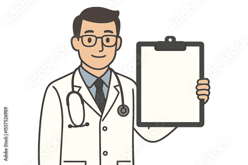 A doctor wearing a lab coat is depicted holding a clipboard with a blank document