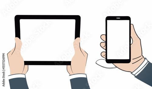 Tablets pc and phone with hands set. Stock illustration