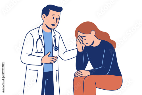 A modern flat illustration of a doctor and patient, depicted as cartoon characters, features a male and female medic delivering news and offering comfort to people on a white background, dressed in