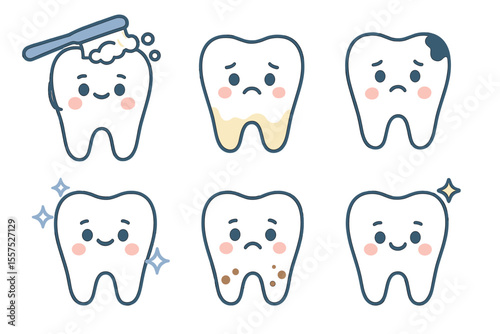 Create cute tooth characters in a flat design style for a dental collection featuring brushing, plaque, caries hole, cleaning, stains, and healthy teeth