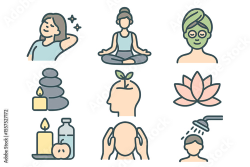 This collection of line icons focuses on wellness, featuring symbols for relaxation, yoga, spa, personal growth, and other related concepts, all in an editable vector stroke format with a 512x512