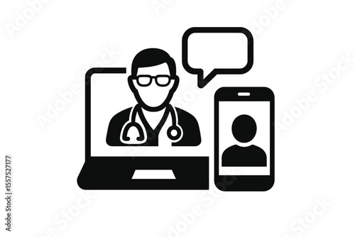 A virtual visit between a doctor and patient via laptop or mobile phone is represented by a flat vector icon for healthcare apps and websites as telemedicine or telehealth