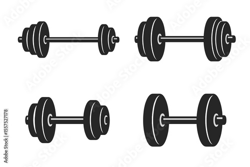 A collection of weightlifting barbells and dumbbells illustrations is available for use as a design element in logos, labels, signs, emblems, and banners, presented in vector format