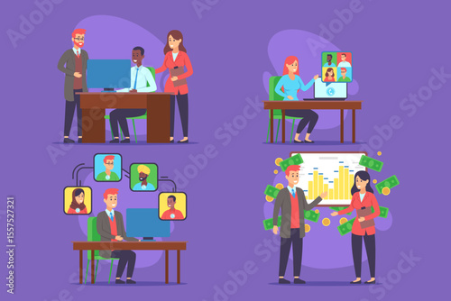 Teams engaged in discussions and presentations, showcasing various activities related to digital meetings, financial planning, and professional collaboration
