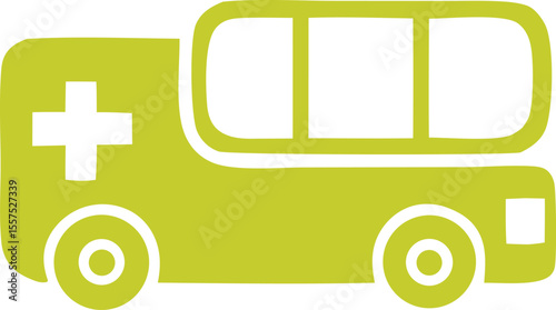 Simple cartoon style green ambulance with a white cross symbol and windows on a white background