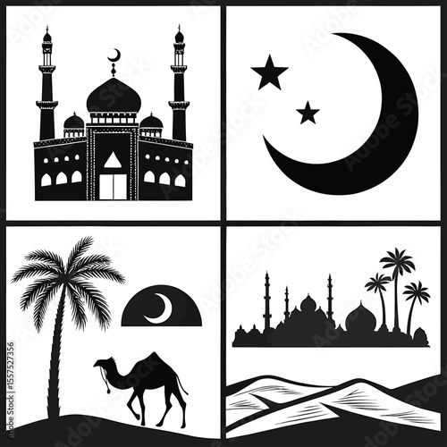 Vector silhouette icons illustrating famous mosque and temple architecture landmarks for travel and tourism design