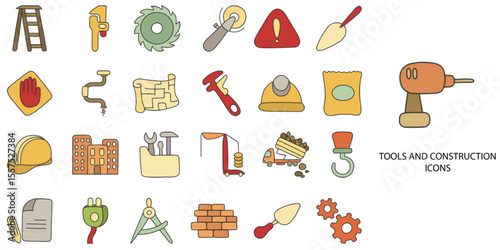 Tools and Construction simple concept 24 hand drawn color icons set .Vector illustration.	