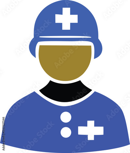 Stylized illustration of a medical professional wearing a blue uniform and helmet with a white cross emblem for healthcare services