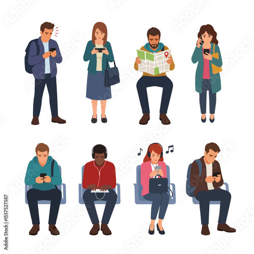 Set of People Engrossed in Using Their Smartphones in Various Situations