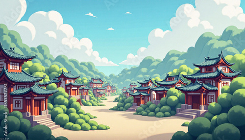 Vivid depiction of traditional asian architecture amidst lush greenery and a tranquil sky