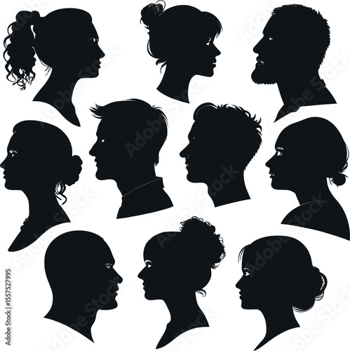 Vector silhouette set of woman profiles with diverse hairstyles