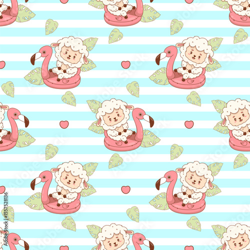 Seamless summer pattern with Cute Sheep on pink flamingo pool on striped background with tropical leaves. Cartoon Funny Beach kawaii Farm Animal character. Vector illustration. Kids collection