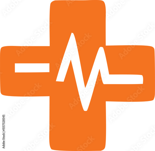 A stylized orange cross with a white electrocardiogram line running through its center symbolizing health and medical care