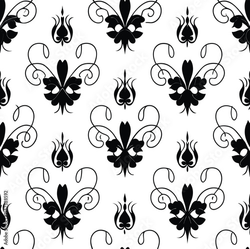 Seamless pattern with black floral elements on a white background