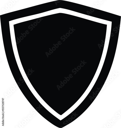 A minimalist black shield emblem with a thick white border symbolizing protection security and strength in a clean graphic design