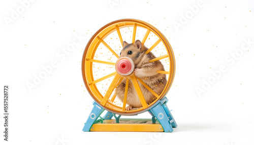 A charming golden hamster diligently exercises on its colorful running wheel against a clean white background.