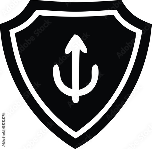 A bold black shield emblem featuring a white stylized anchor with an upward pointing arrow representing strength and guidance