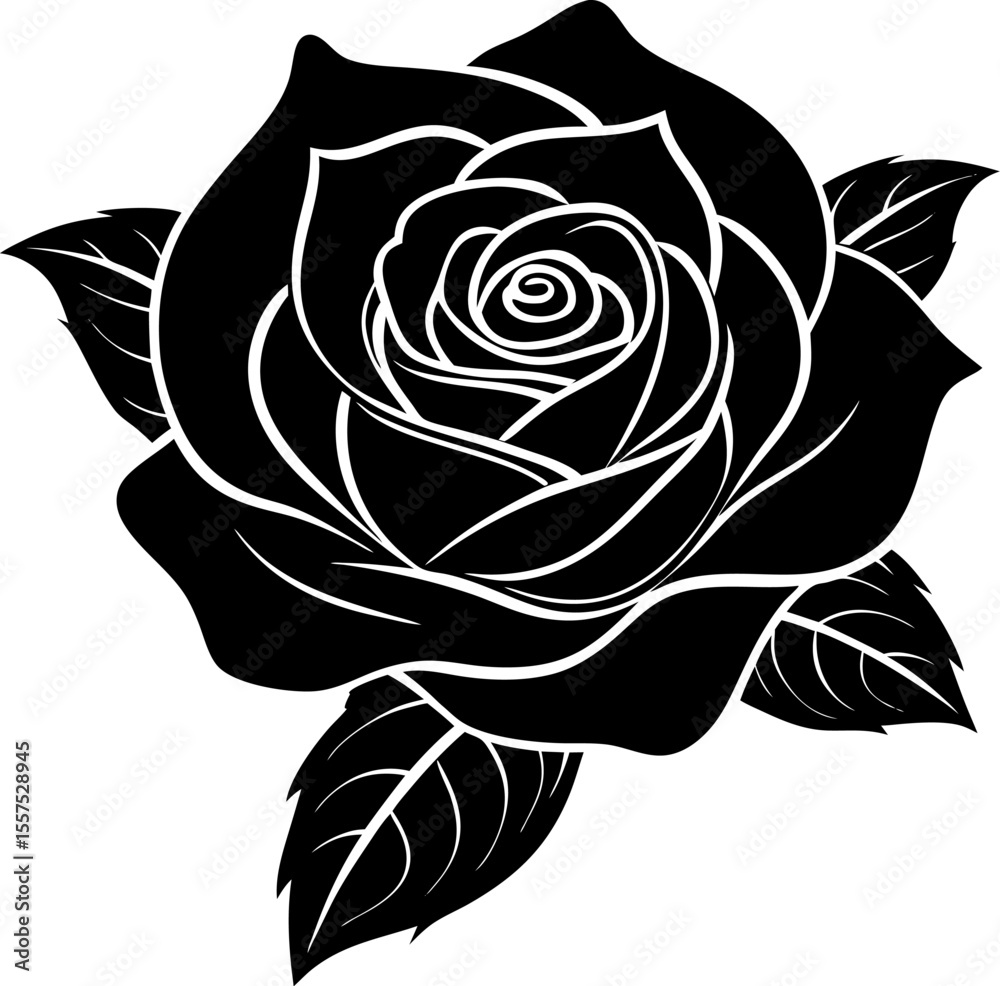 Fototapeta premium Elegant black silhouette of a blooming rose with leaves. Black and white rose vector.