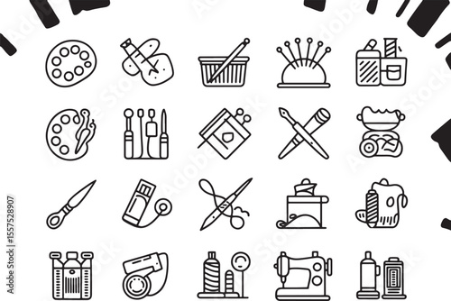 Artistic Tools and Crafting Essentials: A neatly arranged collection of artistic tools and crafting essentials, presented in a clean, modern line art style.