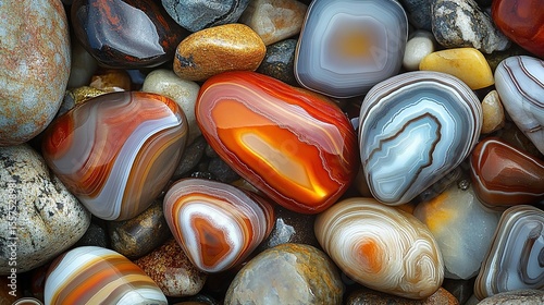 Michigan Lake Superior agate stones with banded colors and wet surface shine for lapidary art, mineral collection visuals