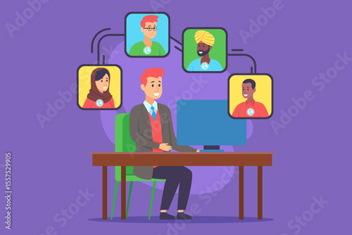 Young professional sitting at desk in colorful digital workspace, engaging with remote team members on screen, showing diverse individuals connected through technology