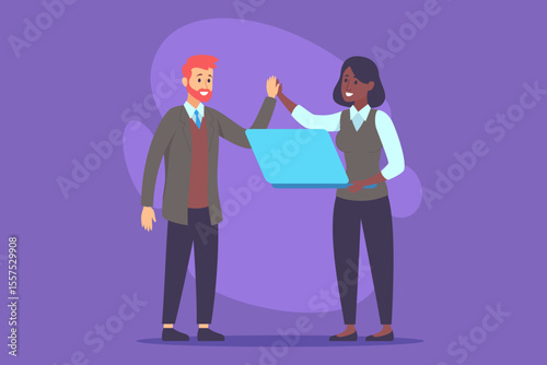 Two professionals engaged in digital collaboration. Man and woman sharing ideas while holding laptop, highlighting teamwork in modern workspace