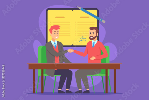 Two business partners shaking hands in office setting, indicating successful negotiation. People sitting at table with document in background. Collaboration and trust concept