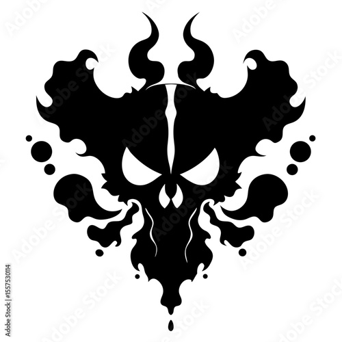  a black symmetrical inkblot design resembling a Rorschach test pattern, featuring flowing, organic shapes with flame-like projections at the top and droplet elements throughout.
