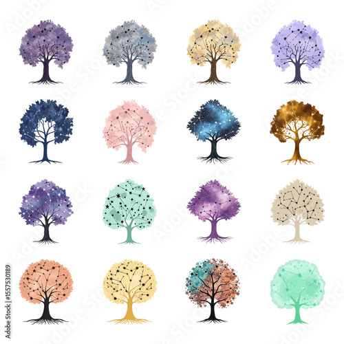 Fantasy trees with astronomical and dreamy elements, galaxy and constellation patterns colorful designs.