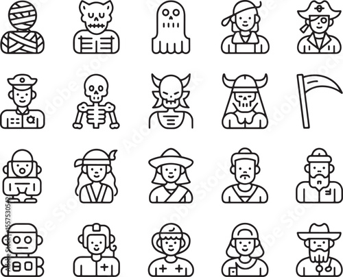 Halloween Costume Icons A Set of 20 Black and White Line Art Illustrations